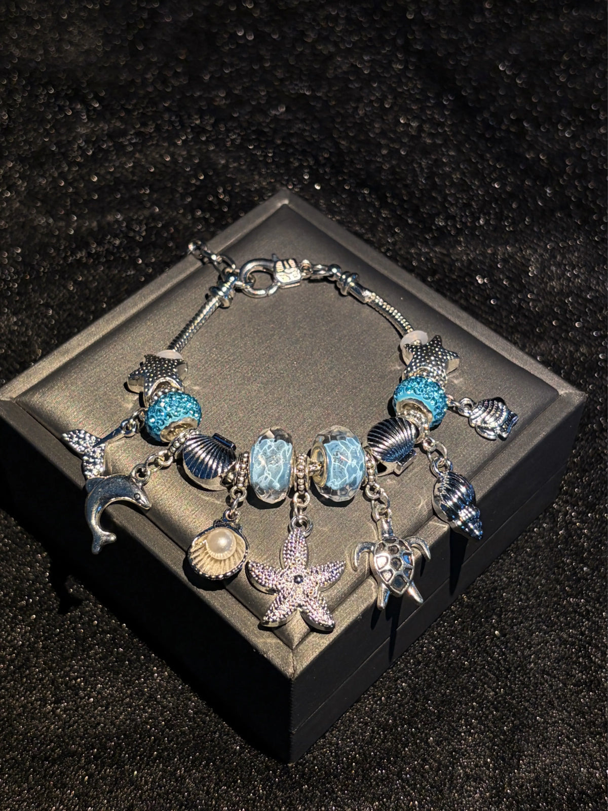 Silver‑Tone Ocean Theme Charm Bracelet for Women, Sea Life Dangle Charms Dolphin,Starfish,Turtle,Shell Conch Mermaid Tail, Murano Glass Beads, 2 Colors Blue Pink Option, Summer Beach Jewelry Gift for Girls