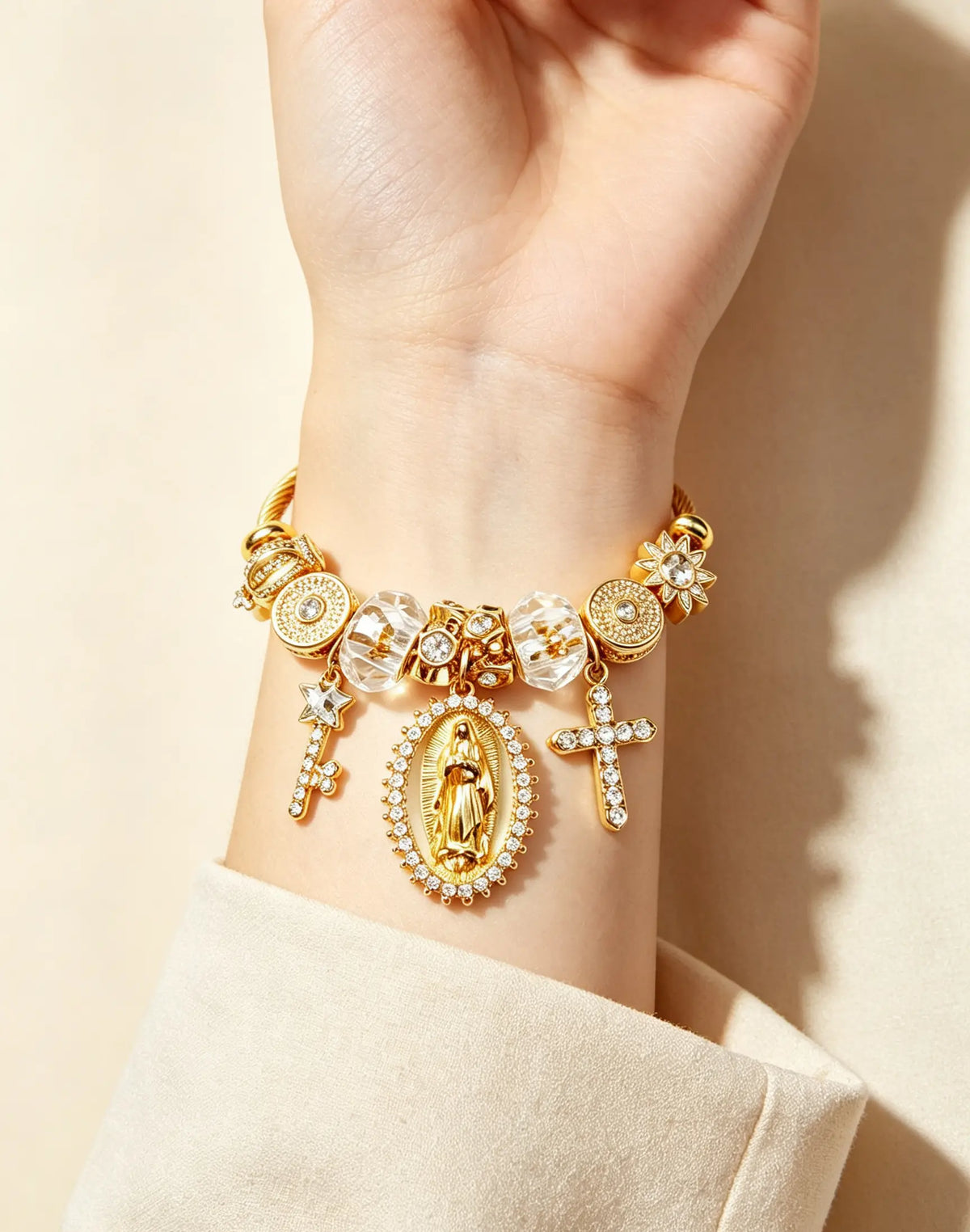 Women’s Gold Cable Wire Cuff Bracelet, Virgin Mary Guadalupe Charm Bangle with Cross, Key & Crystal Sun Beads, Catholic Religious Jewelry Gift