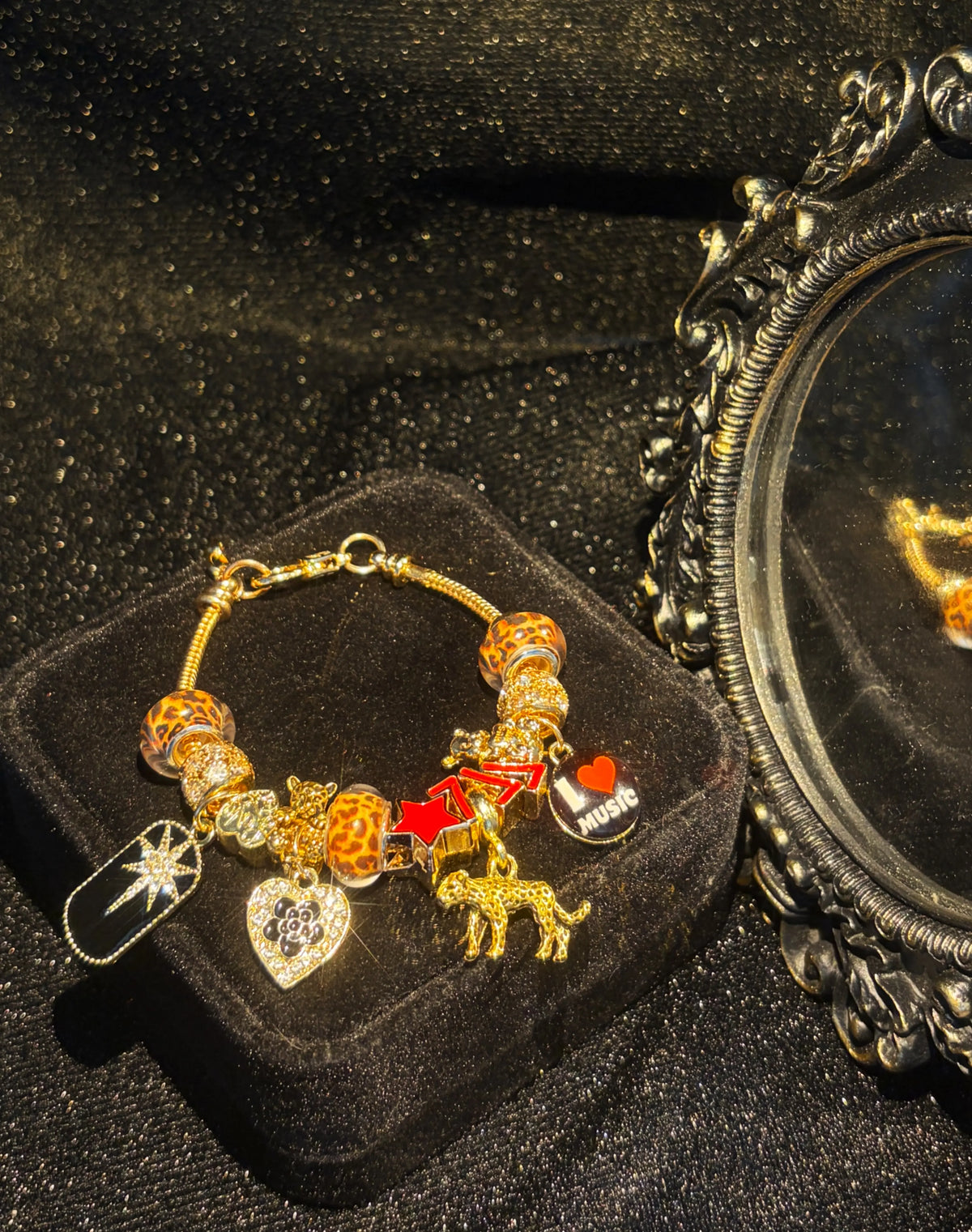 Women's Gold-Tone Multi-Charm Beaded Bracelet - Leopard Print Bead, Star, I Love Music Dangles - Trendy Costume Fashion Jewelry Accessory