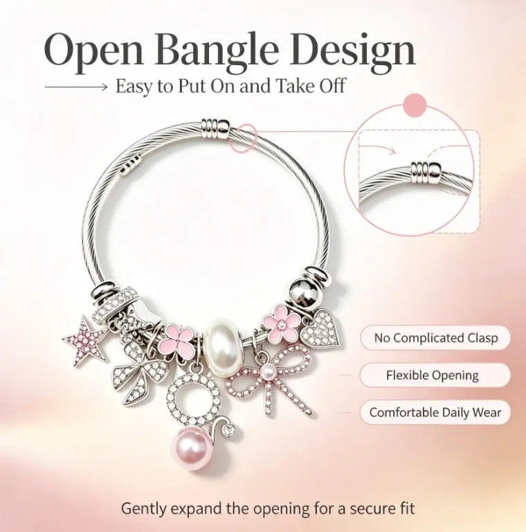 Women's Silver Twisted Wire Open Cuff Bracelet - Dual-Style Pink & White Rhinestone, Bow, Star, Heart, 4-Leaf Clover, Pearl Pendant Bangle, Stackable Dainty Costume Jewelry Gift