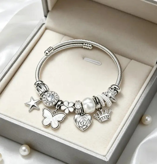 White Fairy Charms Twisted Wire Bangle Bracelet, Butterfly Crown Star Pearl Dangle Beads Jewelry Gift for Women Girls