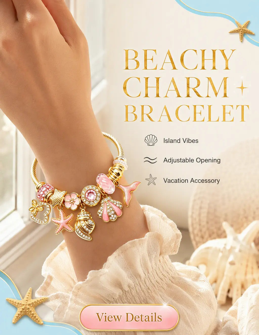 Pink Gold Tone Ocean Theme Charm Bangle, Adjustable Open Cable Wire Bracelet with Starfish, Seashell, Mermaid Tail, Heart Pendant, Transparent Pink Crystal Rhinestone Beads, Dainty Beach Jewelry Gift for Women