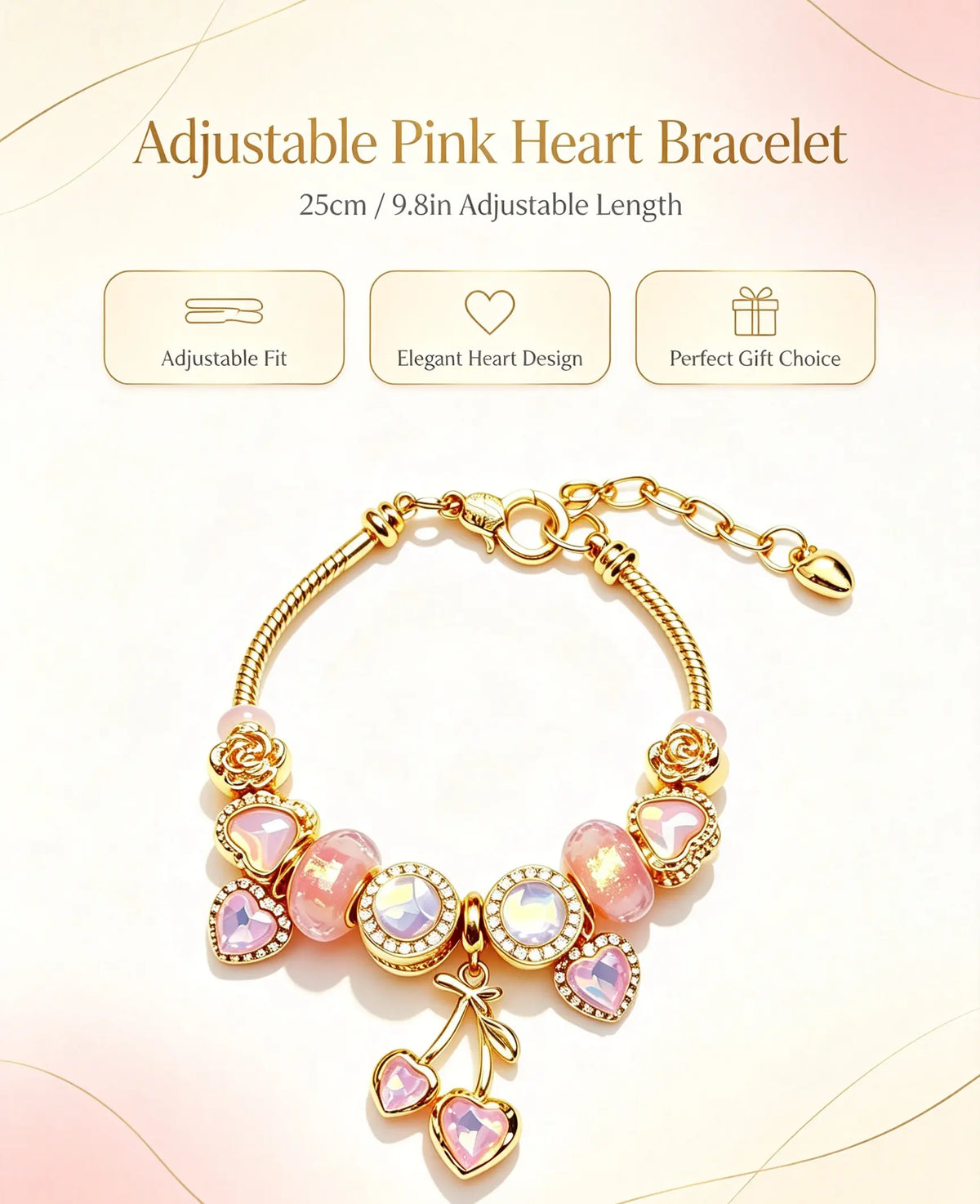 Romantic Pink Heart Charm Bracelet for Women, Elegant Adjustable Bracelet with Sparkling Heart Gemstones, Sweet Jewelry Gift