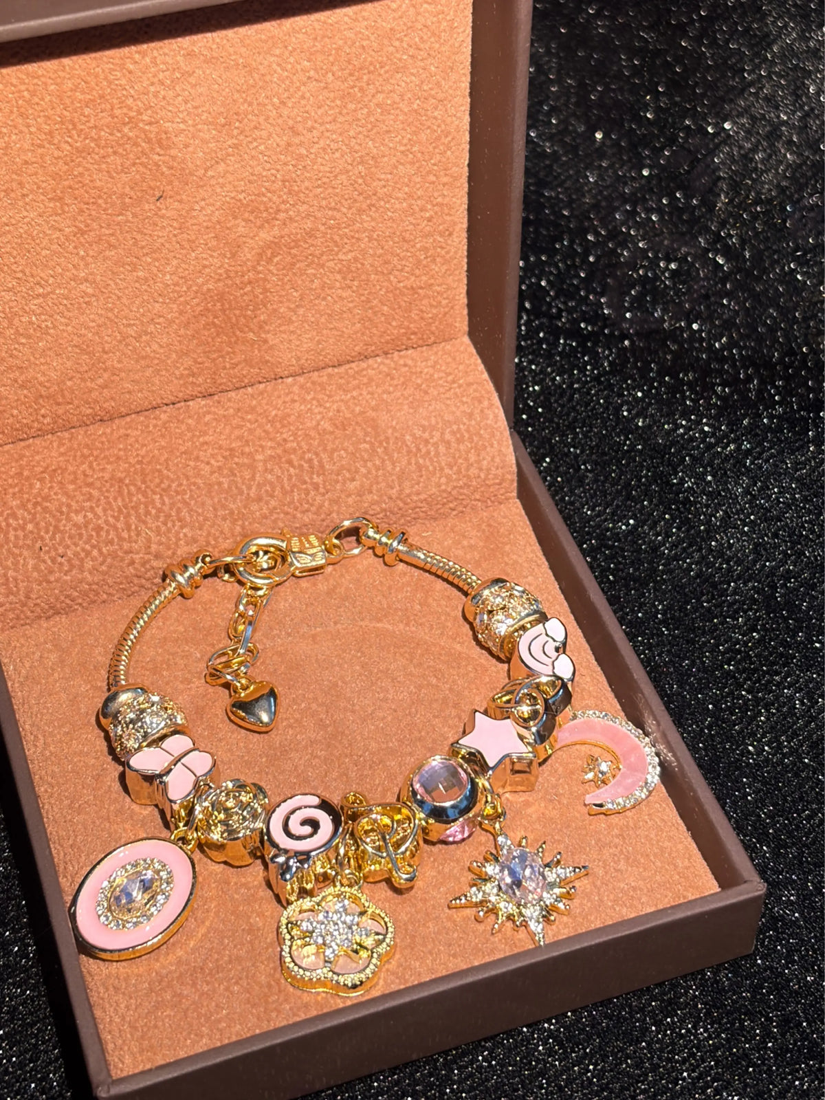 Women's Pink Gold Enamel Charm Bracelet - Gold-Tone Adjustable Snake Chain with Sun, Star-Burst, Lollipop, Music Note, Heart Dangle Charms, Rhinestone Fashion Jewelry Gift for Teen Girls