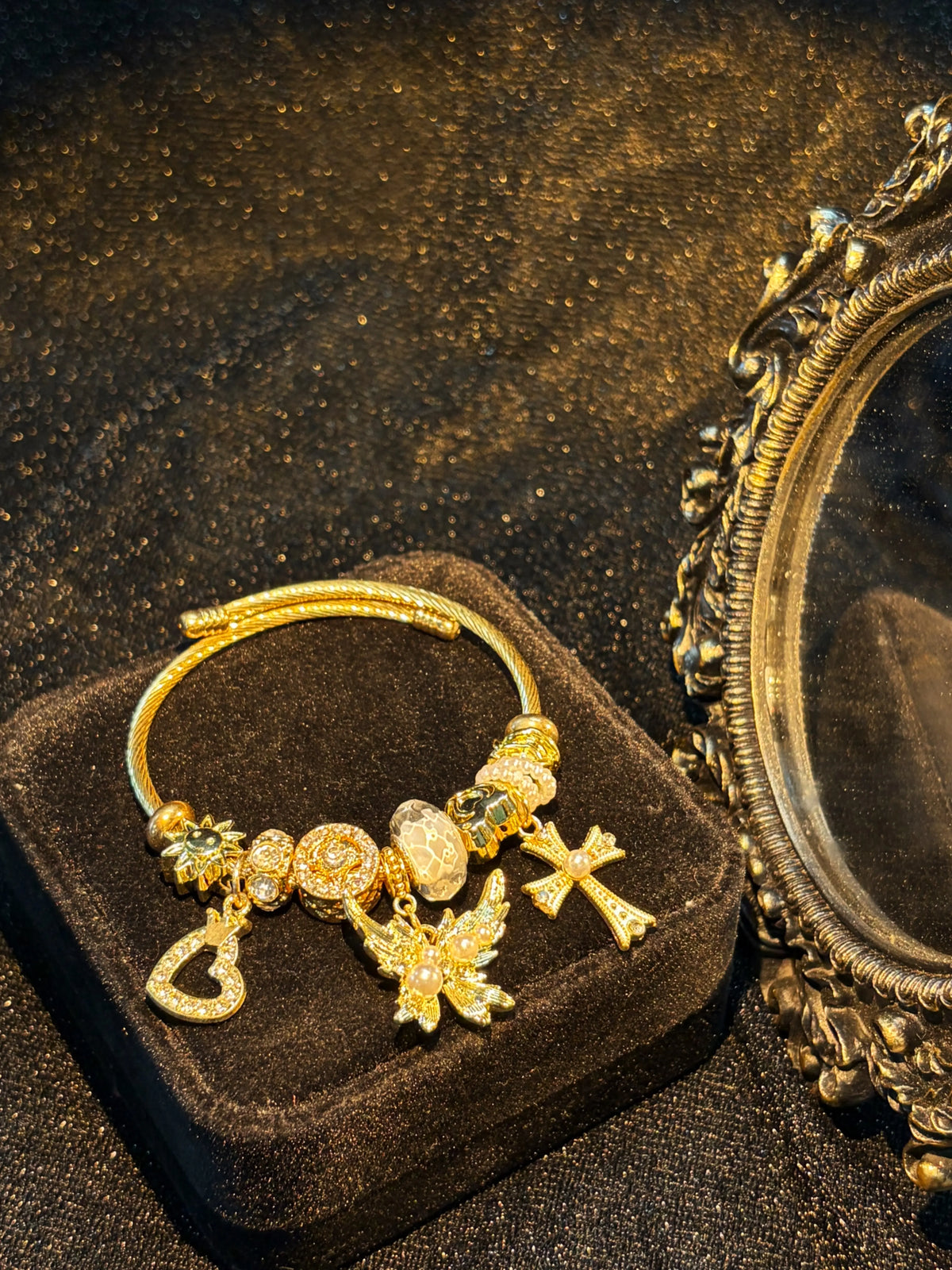 Women’s open cuff bracelet with wing cross design, pearls and crystals, vintage gift jewelry
