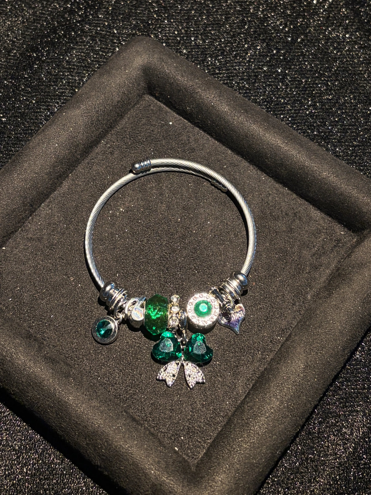 Women's Adjustable Open Silver-Tone Wire Bangle Bracelet, Sparkling Heart Butterfly Crystal Charm Design, 2-Color Red/Green Costume Jewelry, Fashion Statement Gift for Daily/Party Use