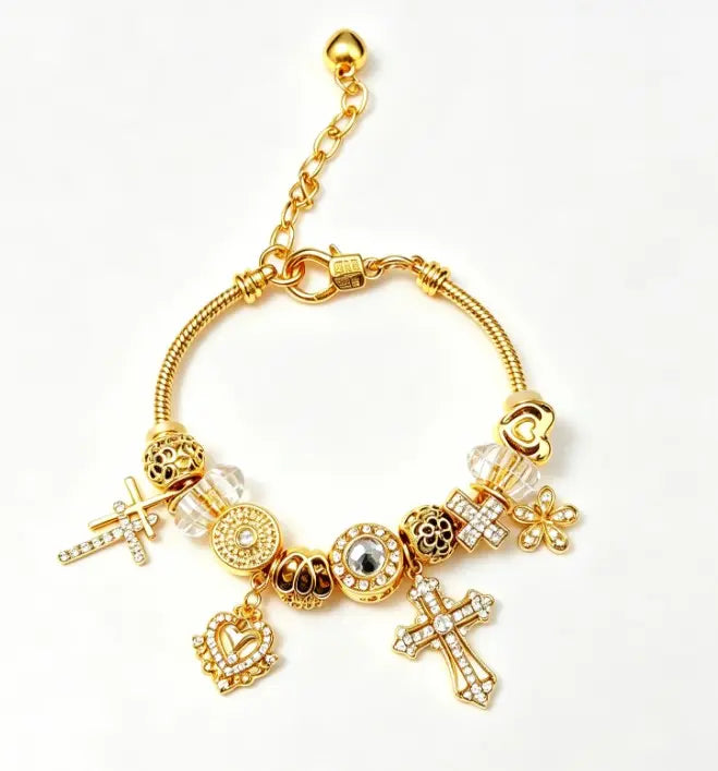 Gold Plated Adjustable Snake Chain Charm Bracelet, Cross Heart Flower Crystal Beaded Bracelet, Vintage Fashion Jewelry Gift for Women Girls