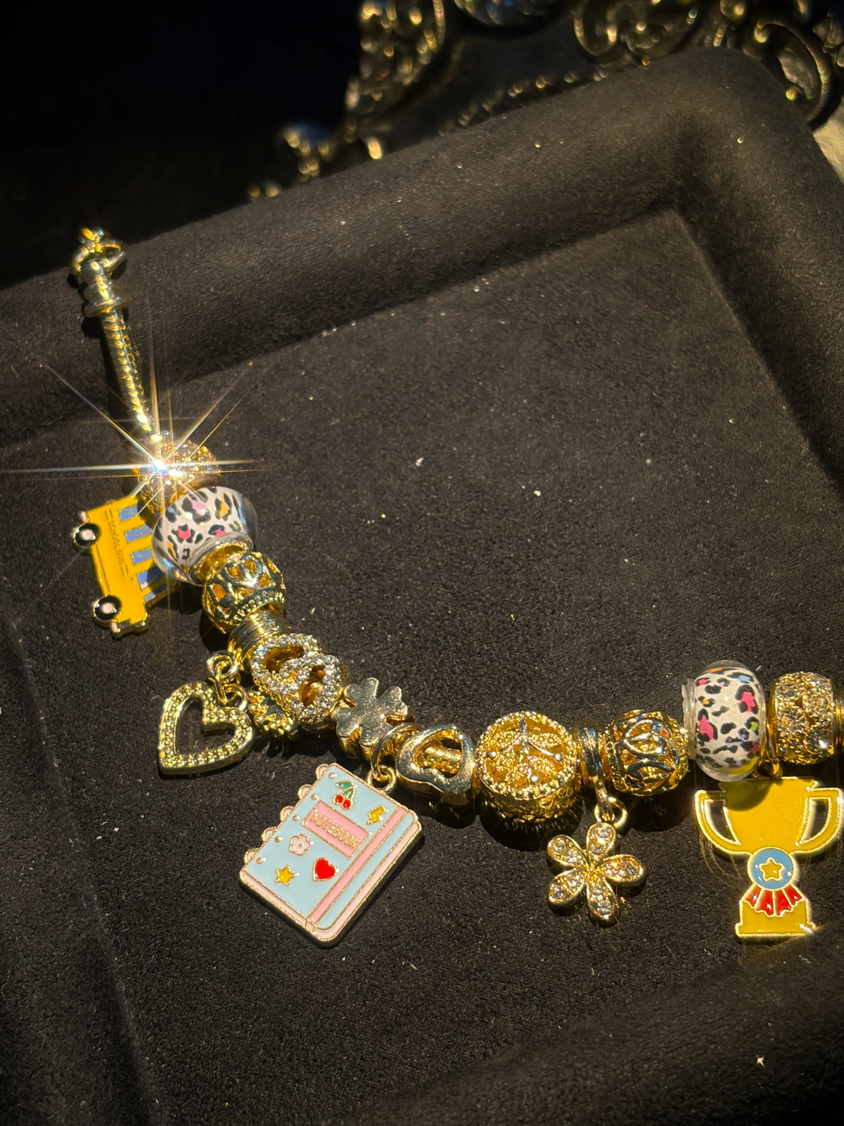 Girls' Gold-Tone Adjustable Snake Chain Back to School Charm Bracelet with School Bus, Notebook, Trophy Dangle Charms, Enamel Beaded Costume Jewelry Gift