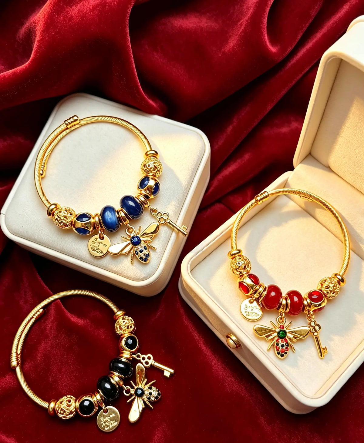 Gold Bee Charm Bangle Bracelet for Women, Adjustable Cable Wire Open Cuff Bracelet with Key & Coin Pendant, Fashion Multicolor Beaded Jewelry Gift