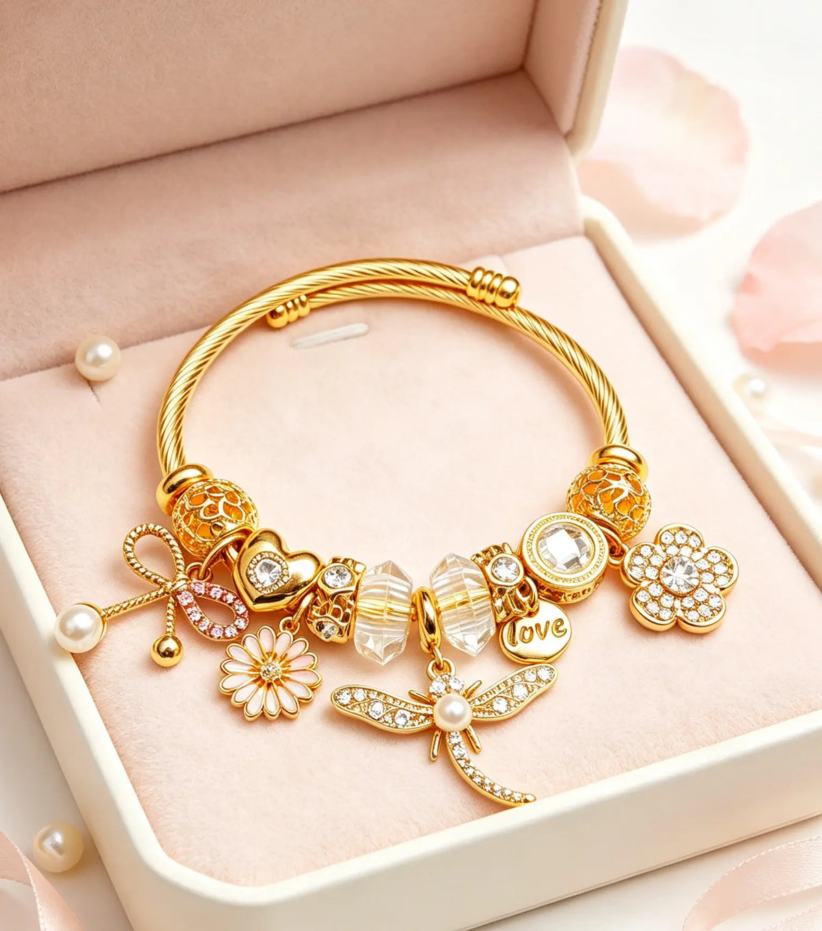 Dragonfly Pink Crystal Charm Bangle Bracelet, Gold-Tone Adjustable Open Cuff Bracelet with Pearl Flower Dangle Charms, Fashion Jewelry Gift for Women Girls