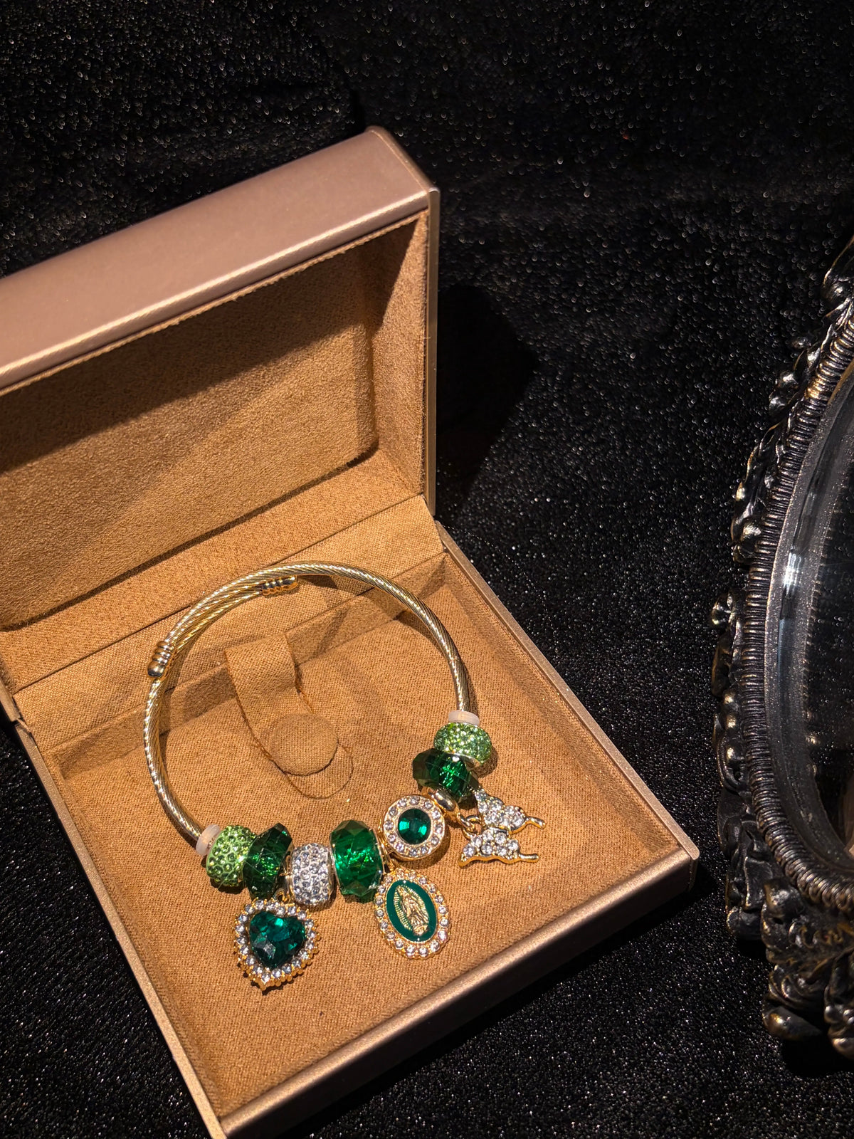 Women's Gold-Tone Emerald Green Heart Virgin Mary Butterfly Charm Bracelet - Sparkling Rhinestone Beaded Snake Chain Vintage Religious Statement Jewelry Gift
