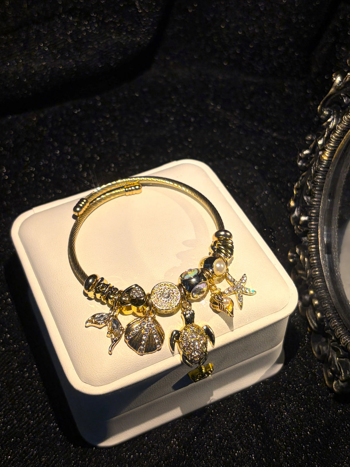 Women's Adjustable Gold-Tone Open Cuff Bangle - Ocean Charm Bracelet with Sparkling Turtle, Starfish, Shell Crystal Pendants - Costume Jewelry Gift