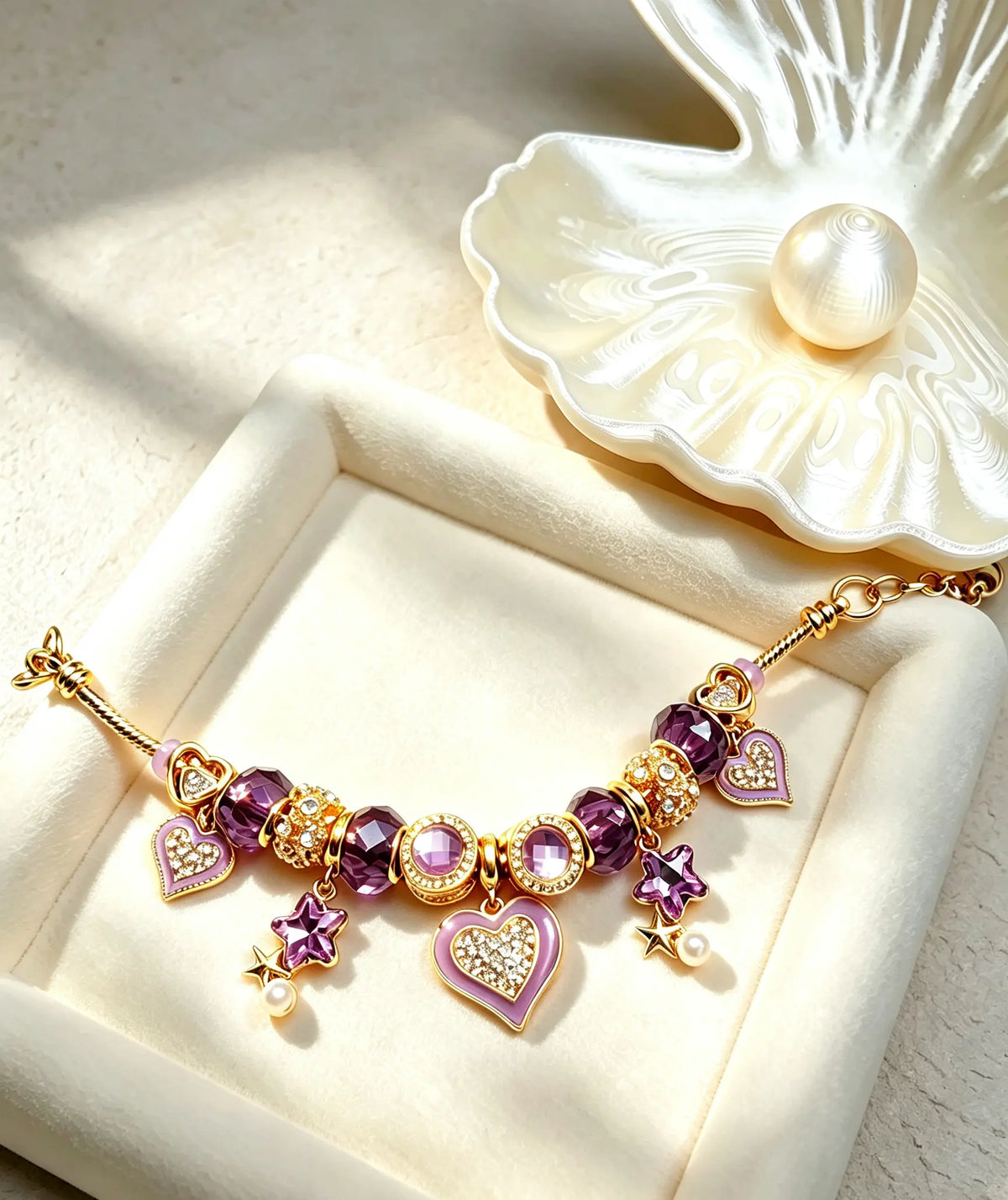 Gold Tone Purple Heart Charm Beaded Bracelet for Women, Amethyst Crystal Star Pearl Dangle Snake Chain Bracelet, Fashion Jewelry Gift for Girls