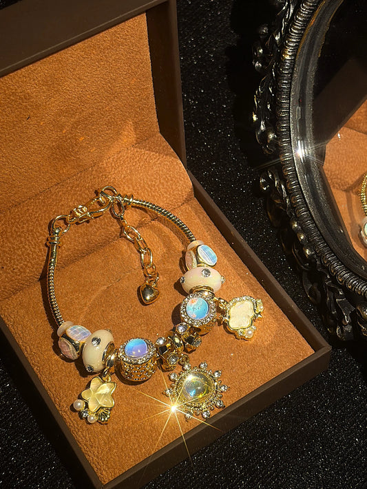Women's Gold-Tone Beaded Bracelet with Dreamy Moonlight Sun Charm, Iridescent Glass Beads and Star Cloud Dangle Charm