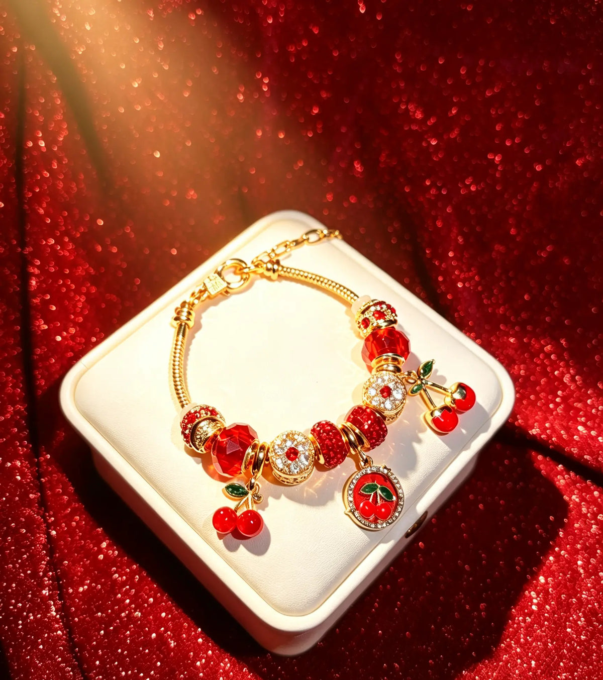 Gold Tone Cherry Charm Bracelet, Red Crystal Beaded Snake Chain Bracelet， Jewelry Gift for Women Girls