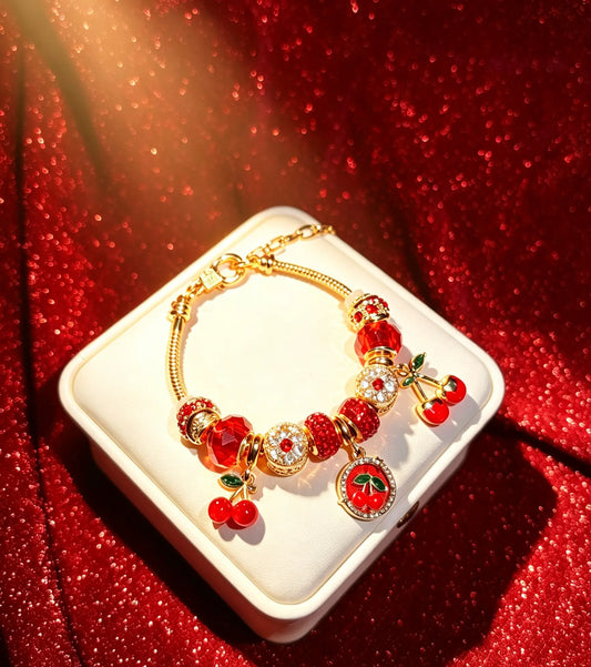 Gold Tone Cherry Charm Bracelet, Red Crystal Beaded Snake Chain Bracelet， Jewelry Gift for Women Girls