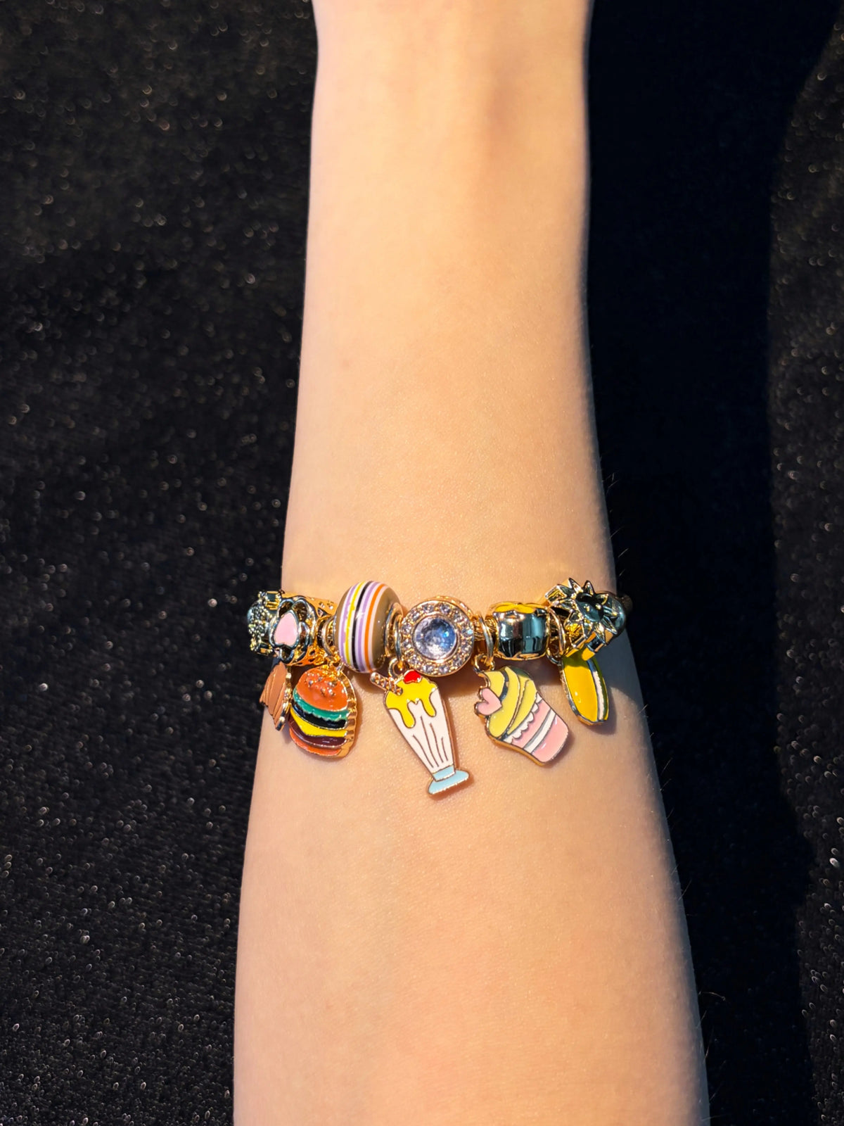 Women's Gold-Tone Open Cuff Bangle with Cute Food Pendant, Adjustable Stackable Costume Jewelry for Gifting