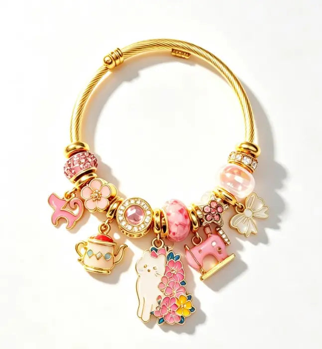 Tone Gold Twisted Open Bangle Pink Cat Cherry Blossom Charm Bracelet Cute Teapot Rocking Horse Bow Crystal Bead Women Sweet Girly Jewelry Gift