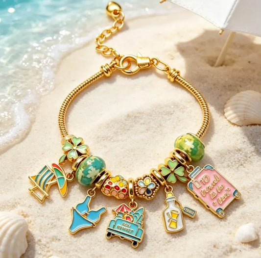 Summer Beach Travel Gold Snake Chain Charm Bracelet for Women, Enamel Vacation Charms Adjustable Bracelet with Beach Chair Bikini Suitcase Pendant Jewelry Gift