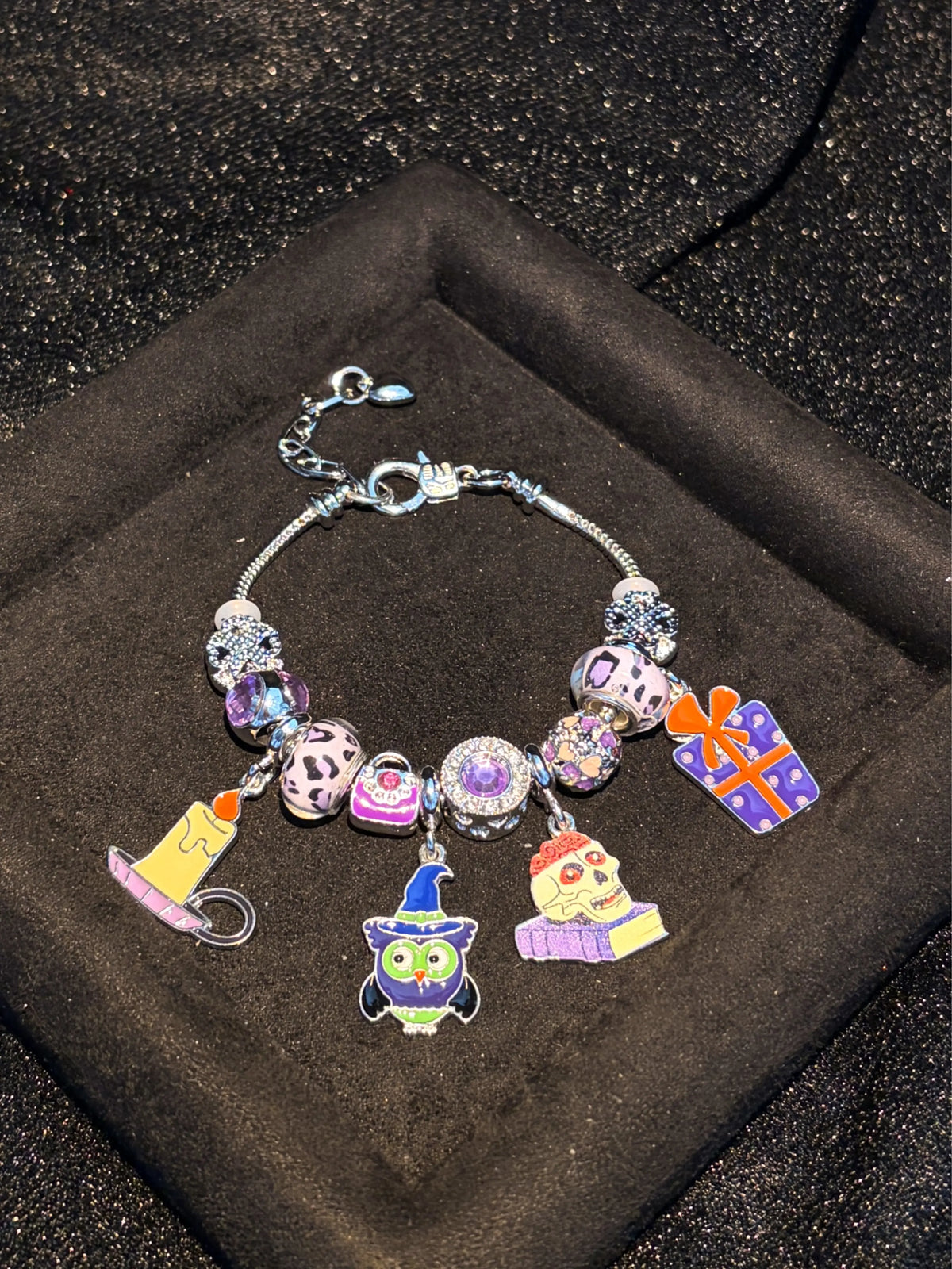 Women's Halloween Theme Silver-Tone Charm Bracelet with Owl, Skull, Candle Gift Box Dangle Charms and Beads - Party Costume Jewelry