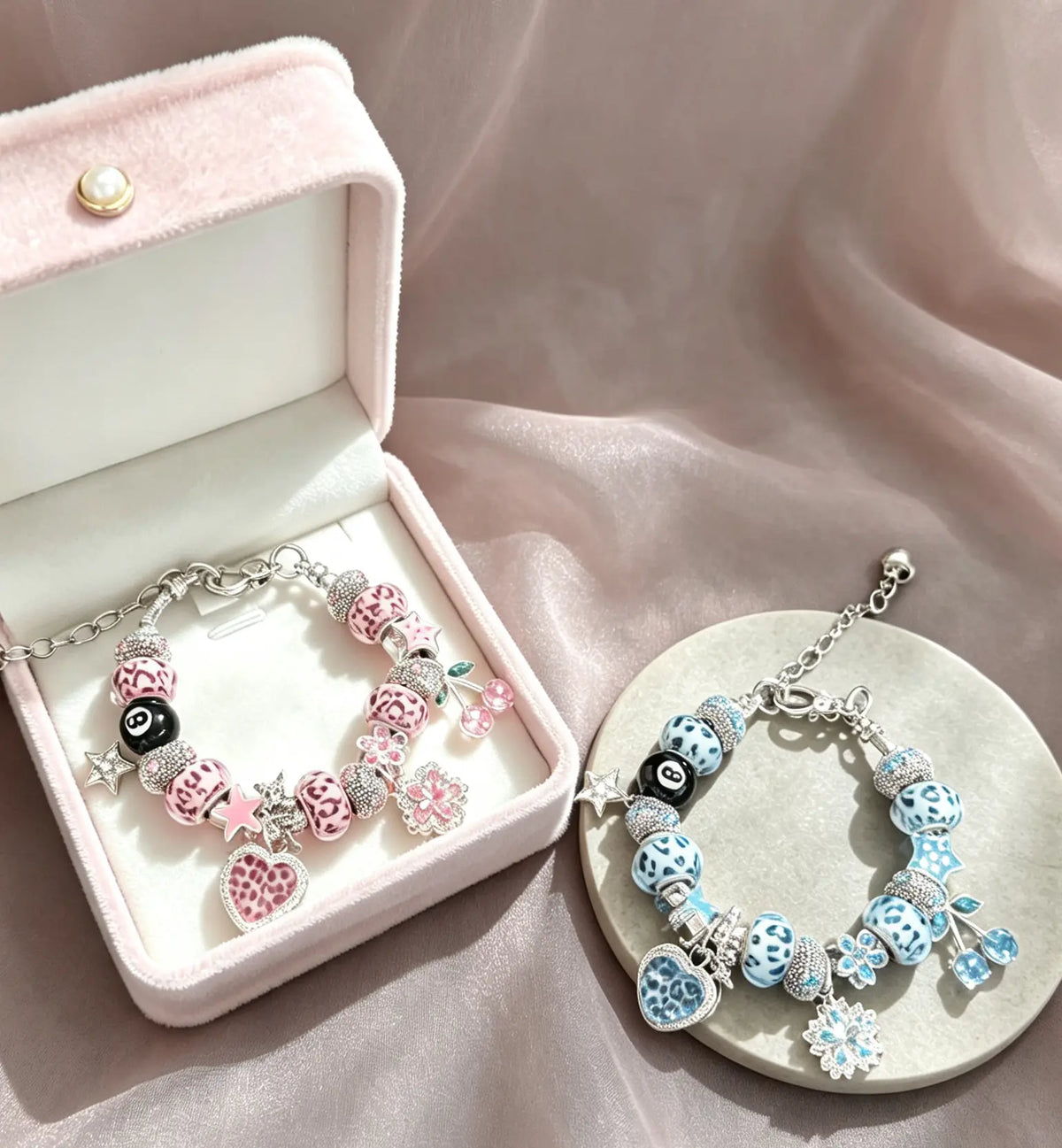 Viral Leopard Charm Bracelet (Pink/Blue) – 8-Ball, Cherry & Heart Pendants | Adjustable Silver Chain Gift for Her