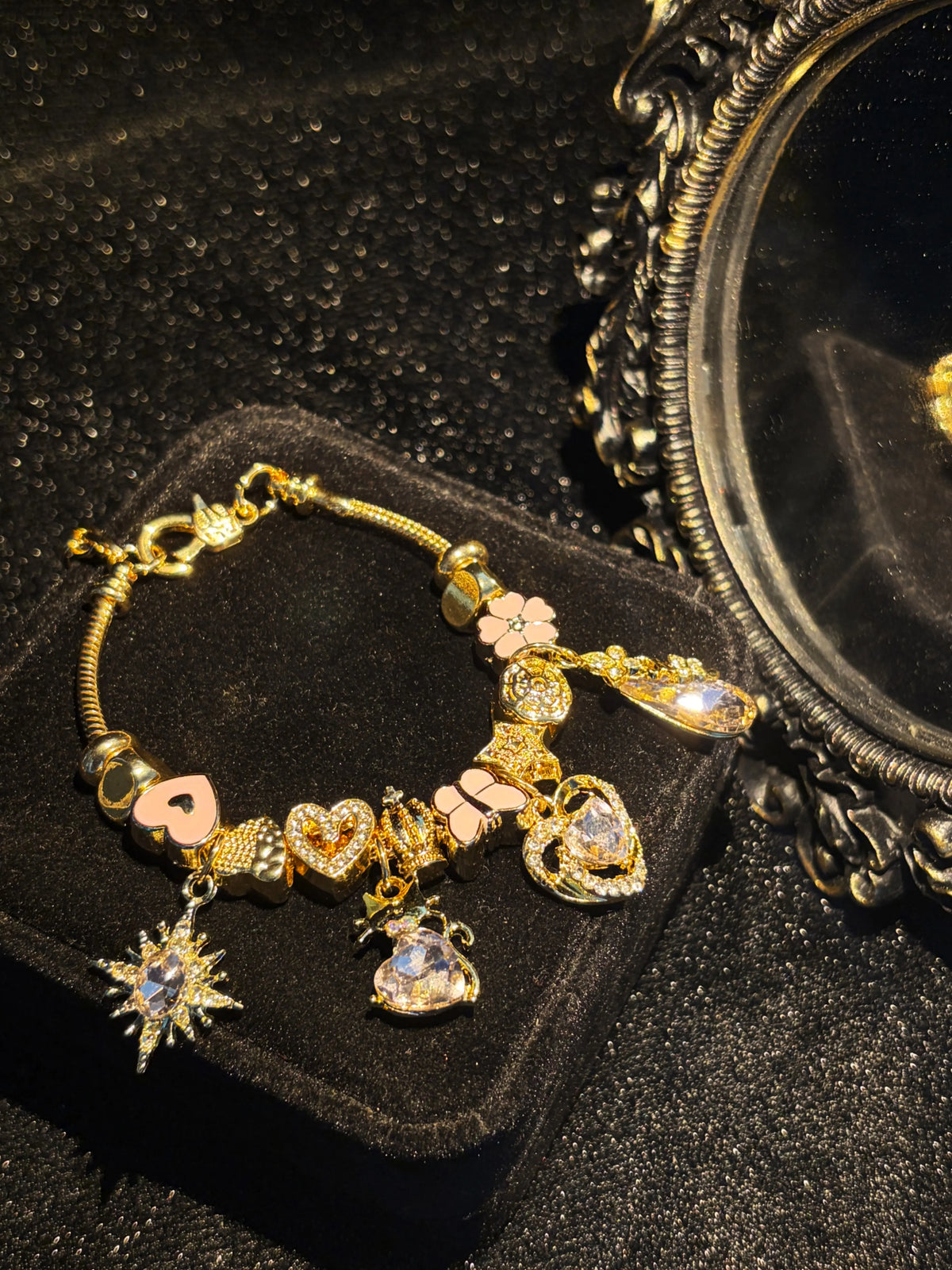 Women's Gold-Tone Adjustable Snake Chain Charm Bracelet - Pink Heart, Butterfly, Flower, Star Crystal Charms - Fashion Costume Jewelry Gift for Ladies