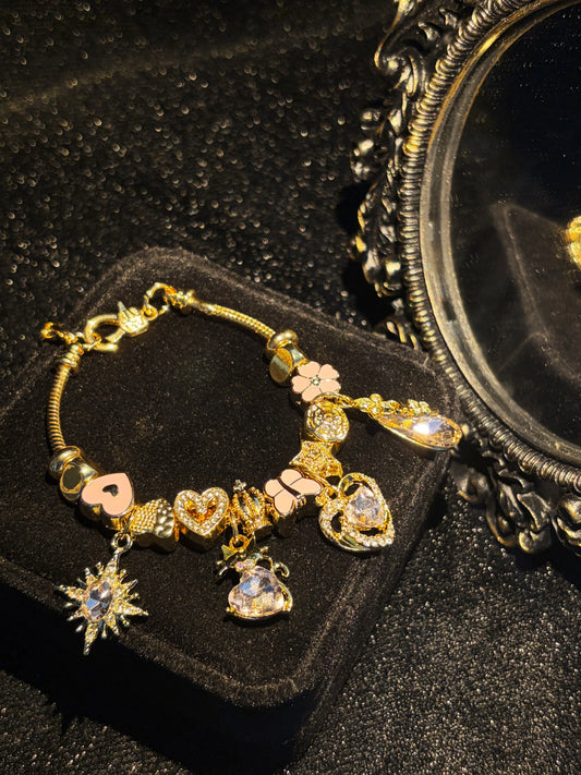 Women's Gold-Tone Adjustable Snake Chain Charm Bracelet - Pink Heart, Butterfly, Flower, Star Crystal Charms - Fashion Costume Jewelry Gift for Ladies