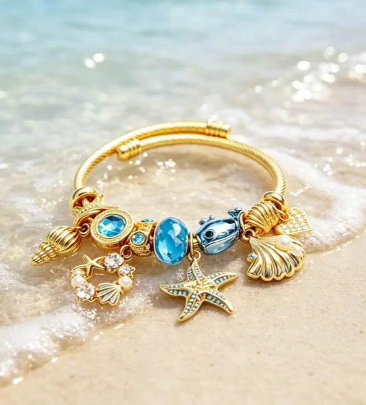 Ocean Theme Gold Cable Wire Cuff Bracelet, Adjustable Open Bangle with Starfish, Seashell, Dolphin, Blue Crystal Pearl Charms, Summer Beach Vacation Jewelry Gift for Women Girls