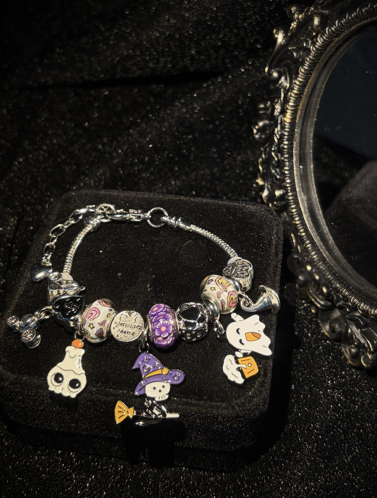 Spooky Cute Halloween Charm Bracelet, Silver Tone Snake Chain Bracelet, Witch Broom Ghost Skull Candle Enamel Dangle Charms, Fun Colorful Large Hole Beads, Halloween Party Costume Jewelry Gift for Her