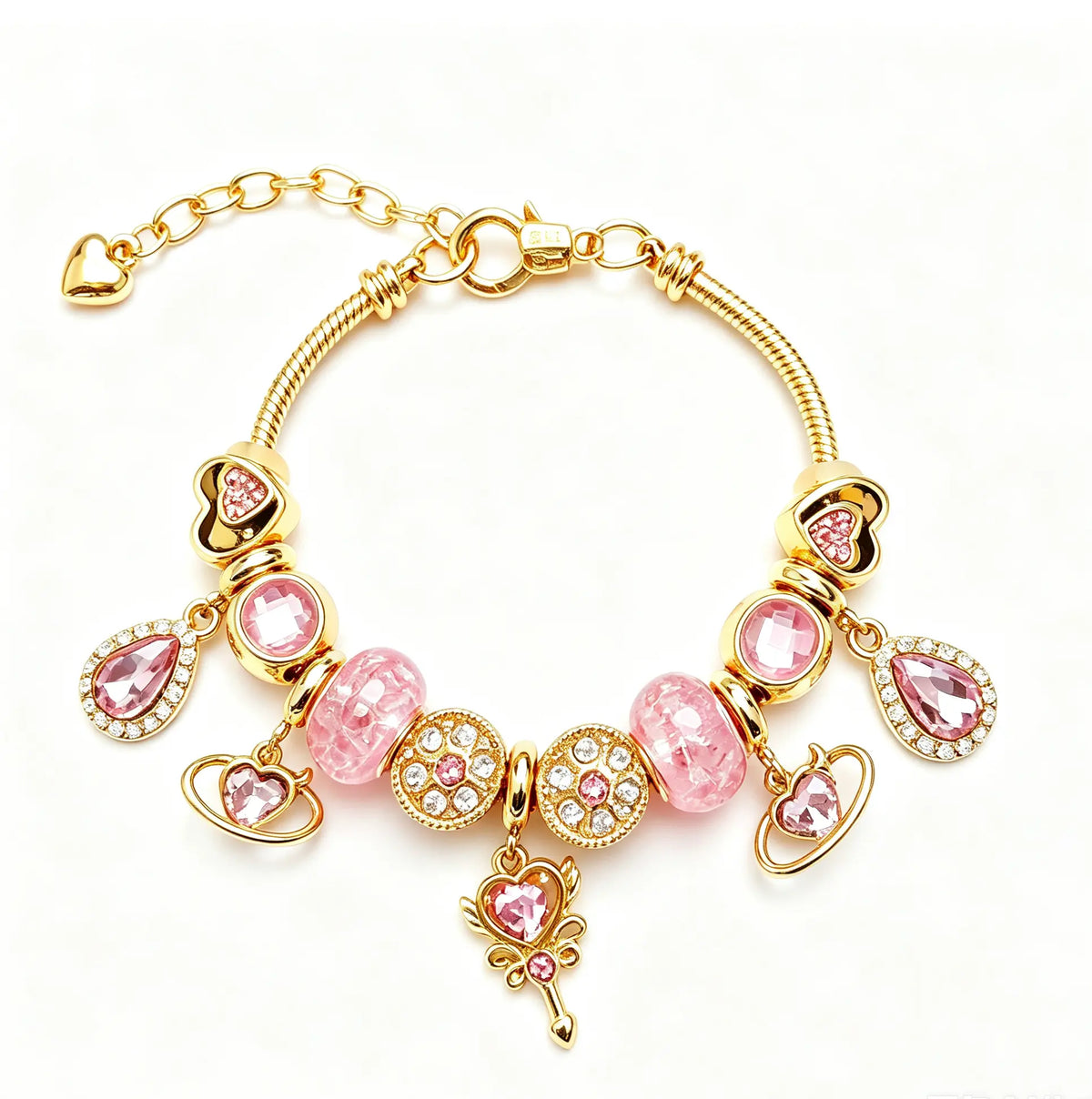 Sparkle & Sweetness: Pink Crystal Heart Charm Bracelet - Gold Snake Chain Adjustable Bangle for Her