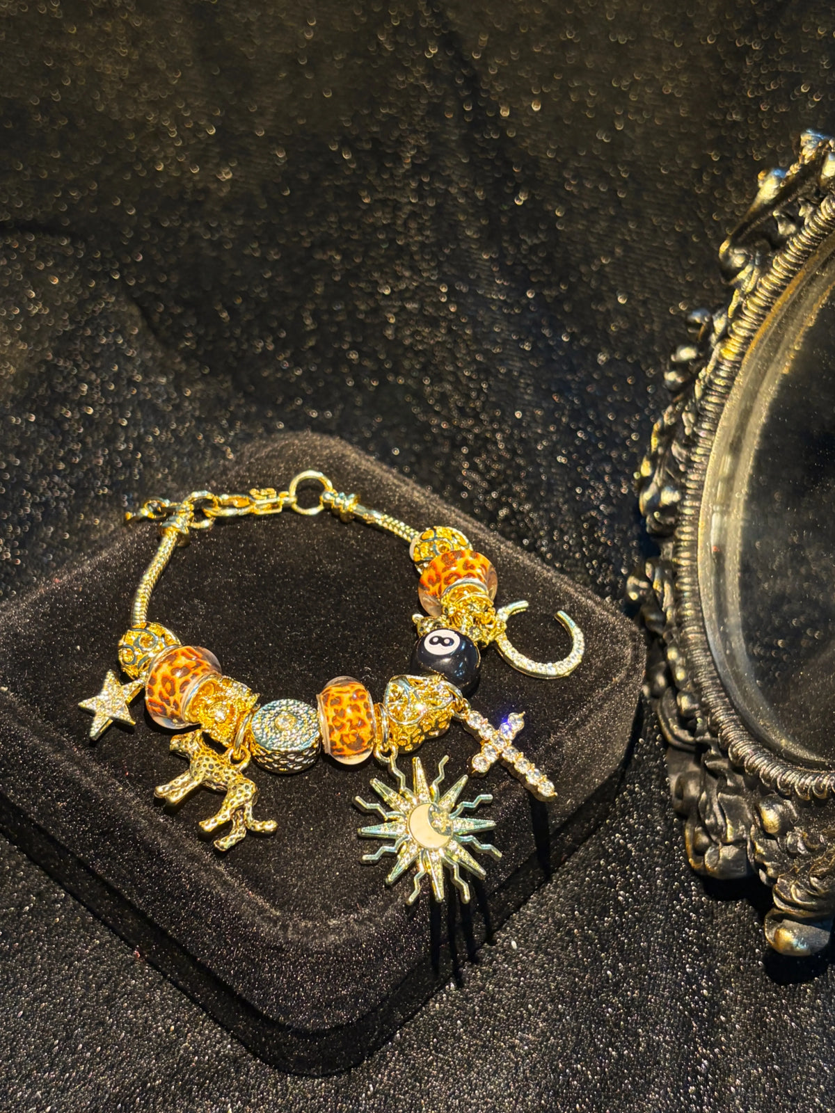 Women's Gold-Tone Leopard Print Charm Bracelet - Stackable Vintage Y2K Boho Beaded Bracelet with Sun, Moon, Star, Cross, Panther, 8-Ball Charms - Costume Jewelry Gift