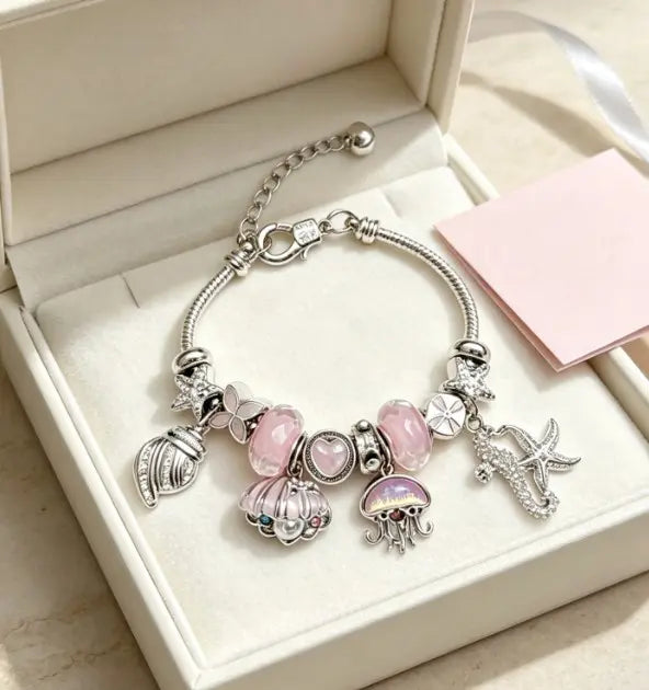 Pink Ocean Sea Themed Charm Bracelet, Silver Snake Chain Bracelet with Jellyfish, Seashell, Starfish, Mermaid Tail Pink Crystal Beads, Adjustable Mermaid Ocean Dangle Charms Bangle Jewelry Gift for Women Girls