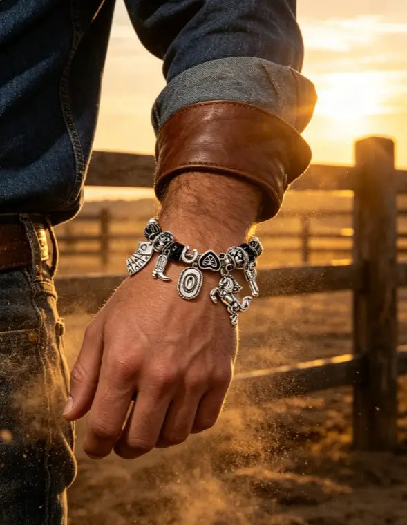 Western Cowboy Charm Snake Chain Bracelet, Unisex Vintage Silver Dangle Bead Bracelet, Cowgirl Horse Gun Boot Pendant Bangle Jewelry Gift for Men Women