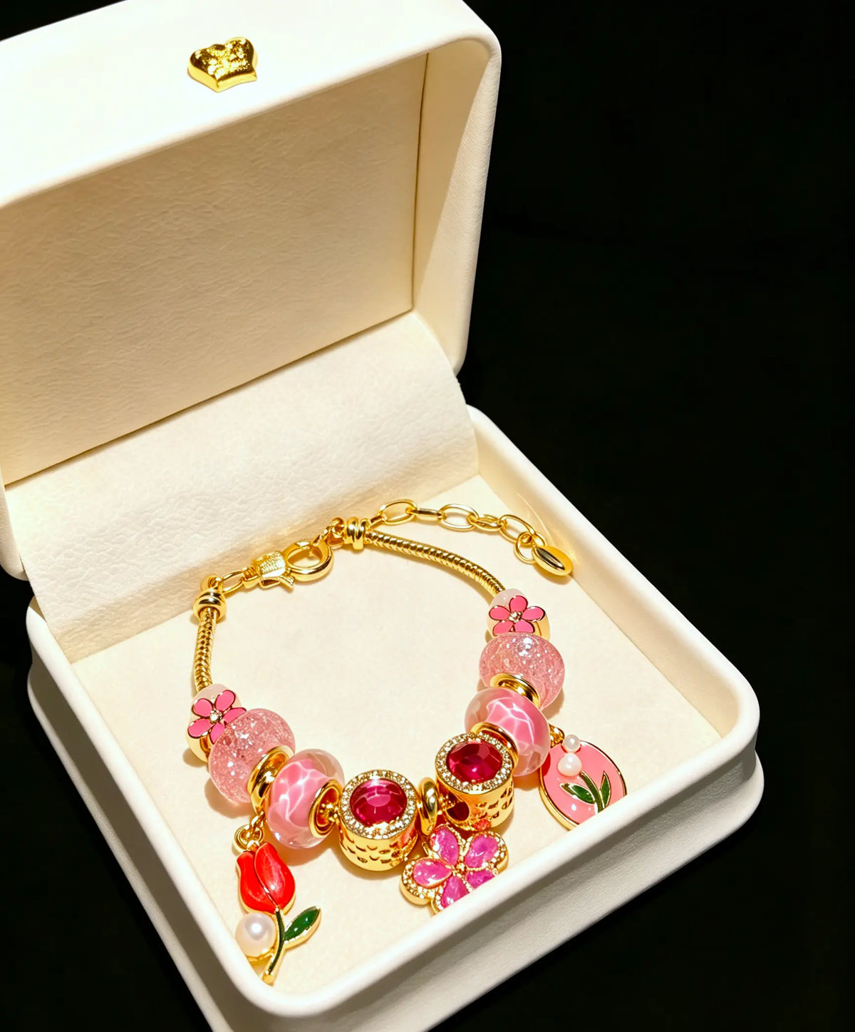 Fuchsia Pink Floral Charm Beaded Bracelet, Gold Plated Snake Chain Bracelet with Tulip & Crystal Beads, Elegant Jewelry Gift for Women