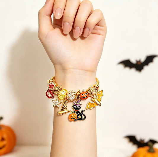 Halloween Charm Bangle Bracelet, Gold Tone Adjustable Wire Cuff with Black Cat, Pumpkin, Bat Witch Hat Enamel Charms, Halloween Jewelry Gift for Women Girls