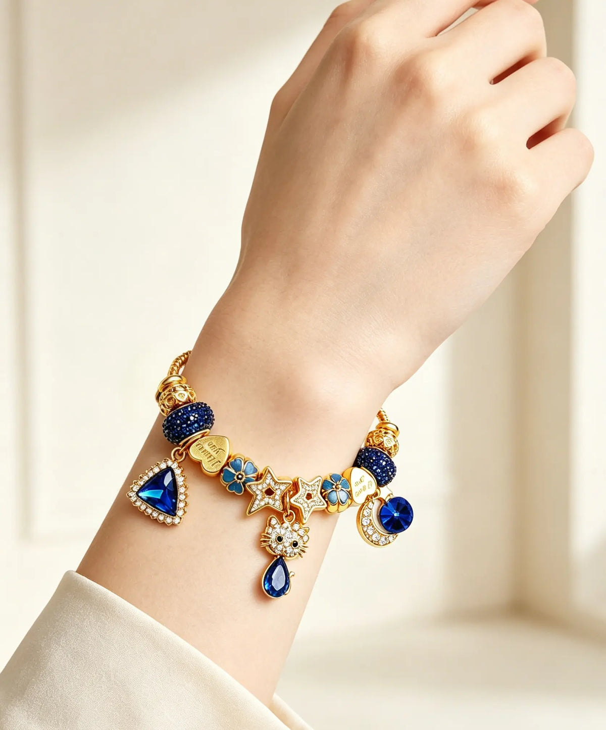 Gold Plated Blue Crystal Cat Charm Bracelet, Adjustable Snake Chain Beaded Bracelet with Star Moon Heart Charms, Fashion Jewelry Gift for Women
