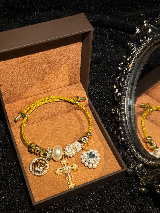 Women's Vintage Elegant Gold-Tone Braided Cord Bracelet - Cross Crown Heart Crystal Charm, Pearl Accent Dangle - Costume Jewelry Gift for Women