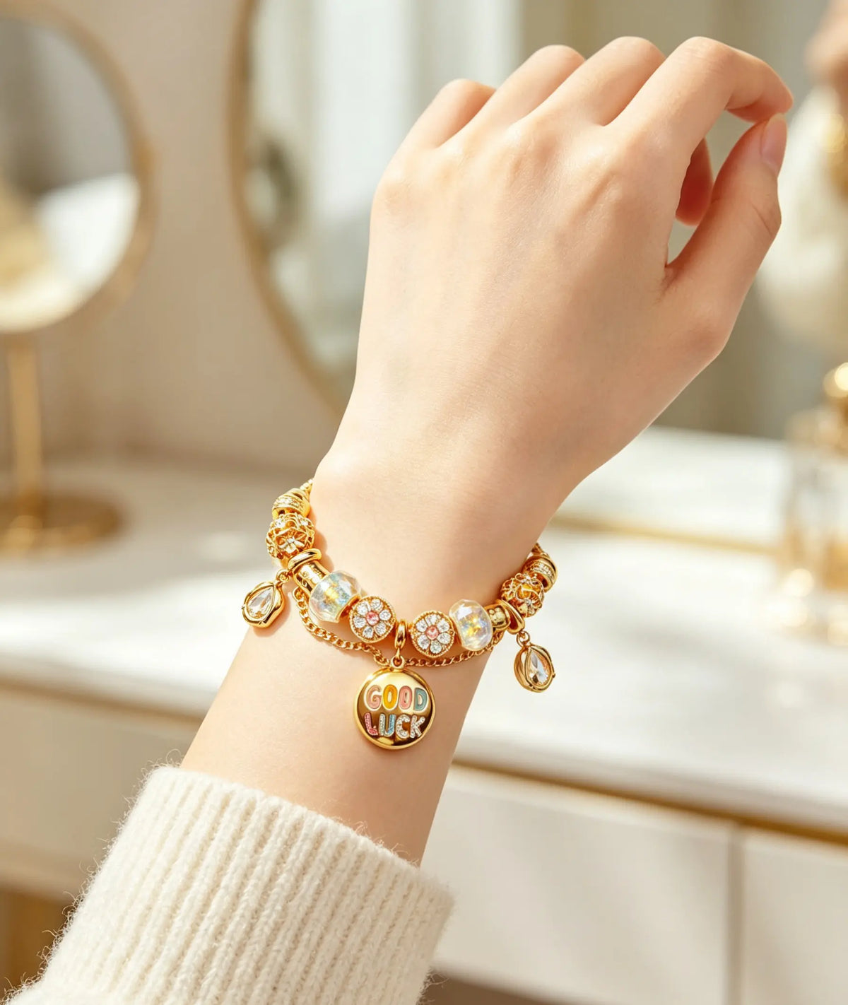 Gold Bead Charm Bracelet with GOOD LUCK Pendant, Adjustable Snake Chain Bracelet with Crystal Beads Dangle Charms, Fashion Jewelry Gift for Women Girls