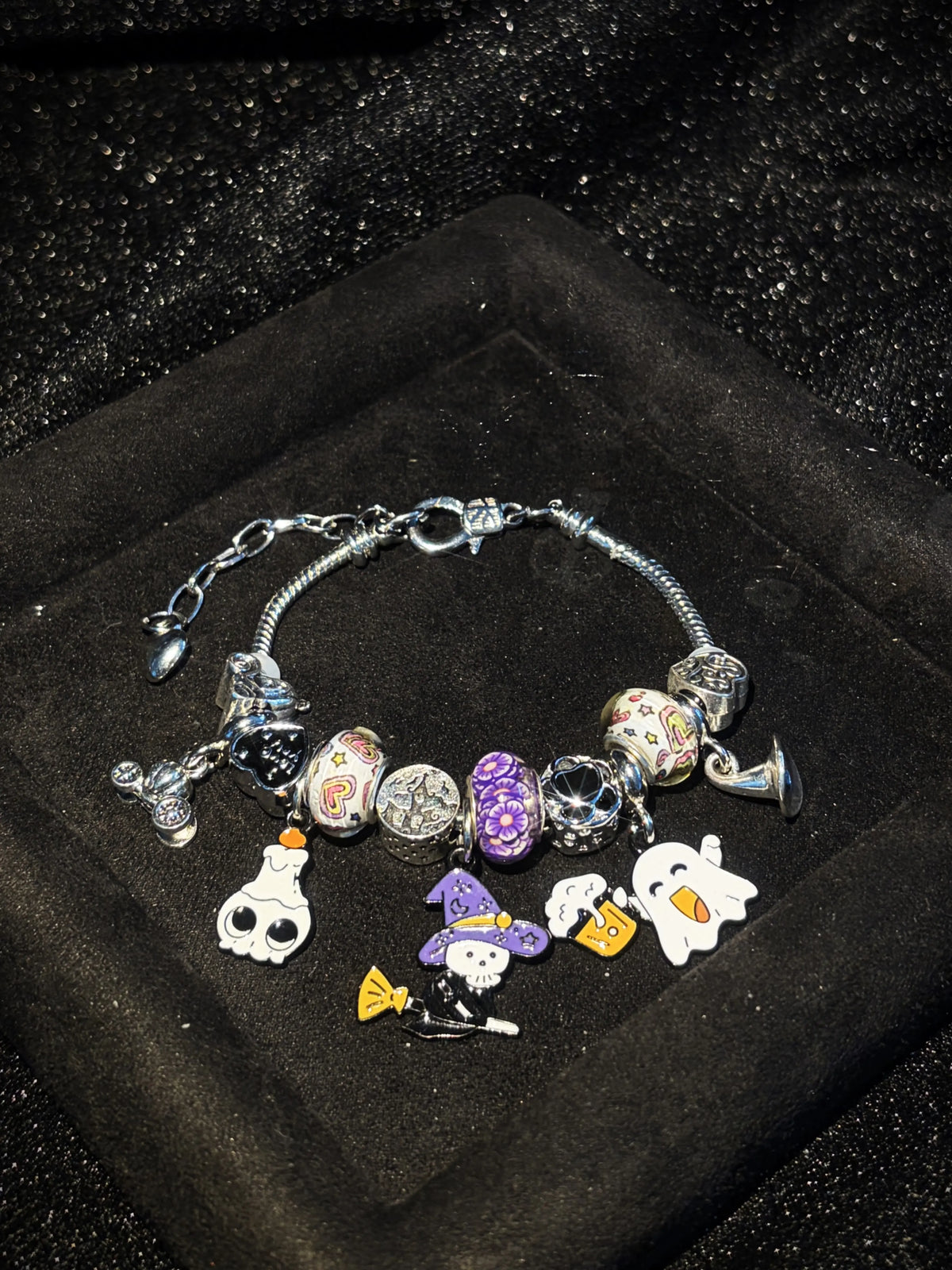 Spooky Cute Halloween Charm Bracelet, Silver Tone Snake Chain Bracelet, Witch Broom Ghost Skull Candle Enamel Dangle Charms, Fun Colorful Large Hole Beads, Halloween Party Costume Jewelry Gift for Her