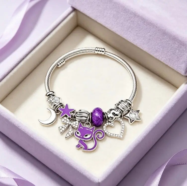 Open Bangle Twisted Cable Wire Bracelet, Purple Cat Moon Star Heart Rhinestone Charms Bangle, Adjustable Flexible Cuff Jewelry Gift for Women Girls