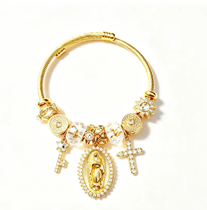 Women’s Gold Cable Wire Cuff Bracelet, Virgin Mary Guadalupe Charm Bangle with Cross, Key & Crystal Sun Beads, Catholic Religious Jewelry Gift