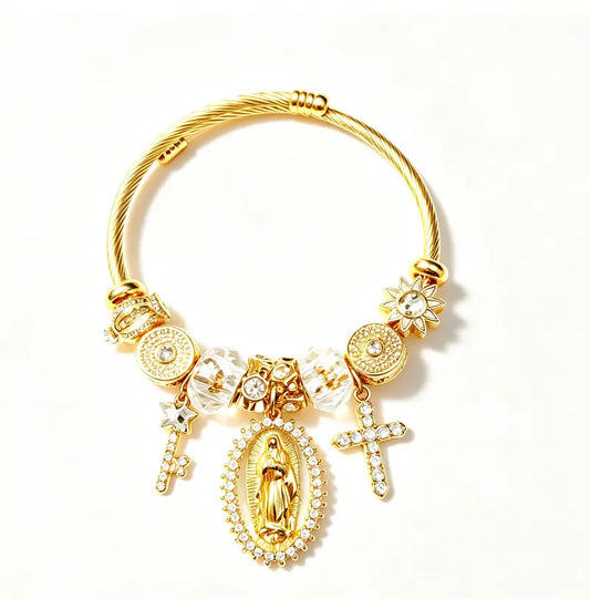 Women’s Gold Cable Wire Cuff Bracelet, Virgin Mary Guadalupe Charm Bangle with Cross, Key & Crystal Sun Beads, Catholic Religious Jewelry Gift