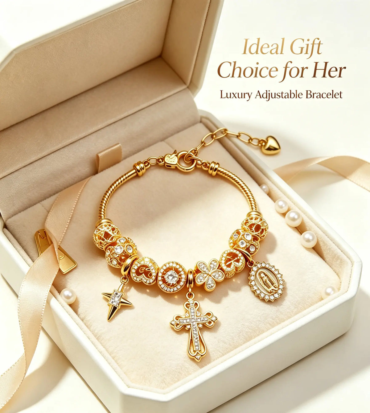 Gold-Tone Cross Star Charm Bracelet for Women, Crystal Multi-Charm Bracelet, Vintage Statement Jewelry Gift