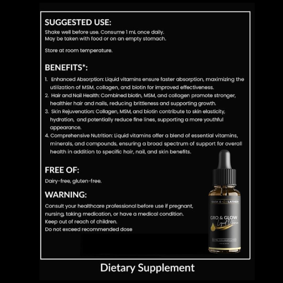 BASK & LATHER GRO & Glow Liquid Vitamin, Helps Support Healthy Hair, Skin & Nails, Cherry Flavor, 2 FL Oz