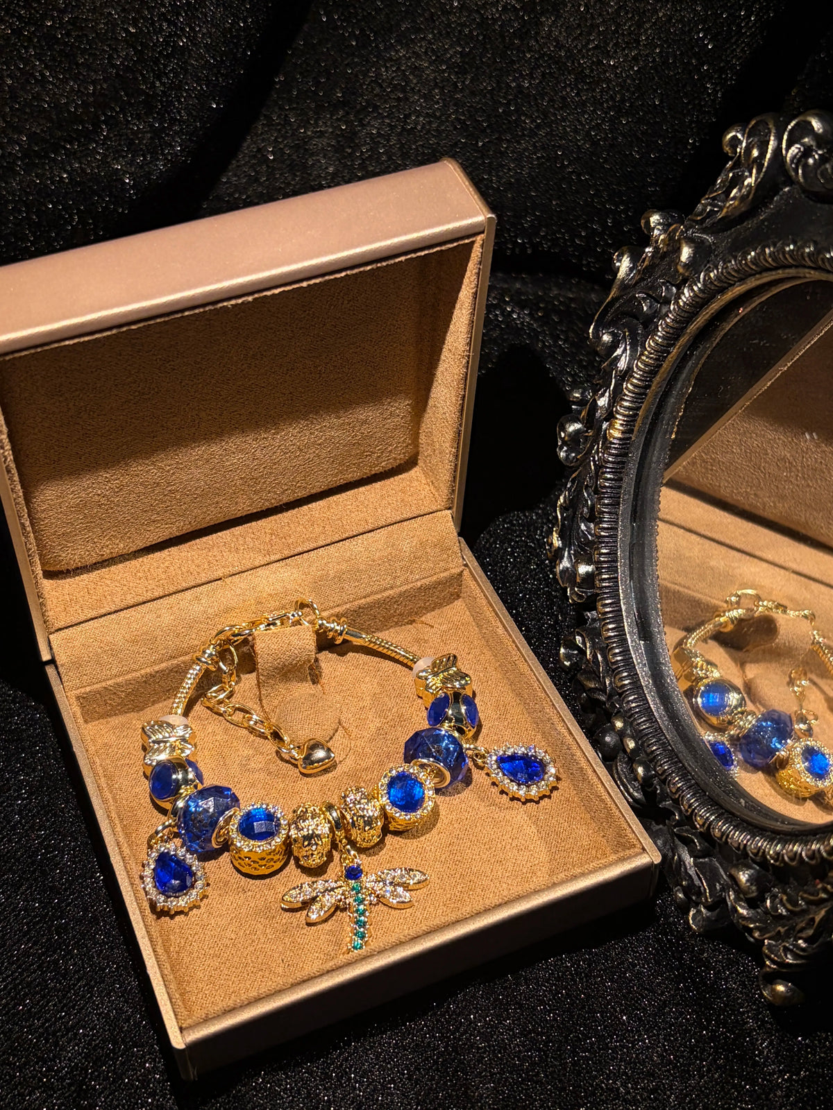 Women's Gold Tone Charm Bracelet, Sparkling Blue Bead & Dragonfly Rhinestone Charms Bangle for Daily Party Wear