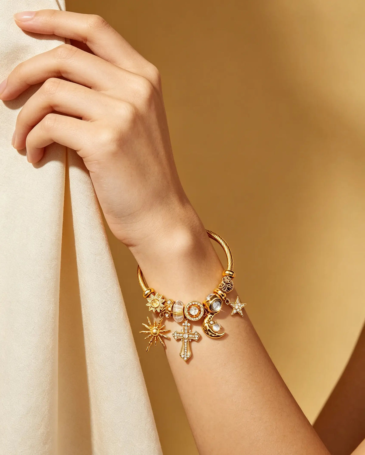 Twisted Tone Open Cuff Charm Bracelet for Women, Adjustable Flexible Bangle with Sun Moon Star Cross Rhinestone Charms, Vintage Celestial Fashion Jewelry Gift for Daily & Party Wear