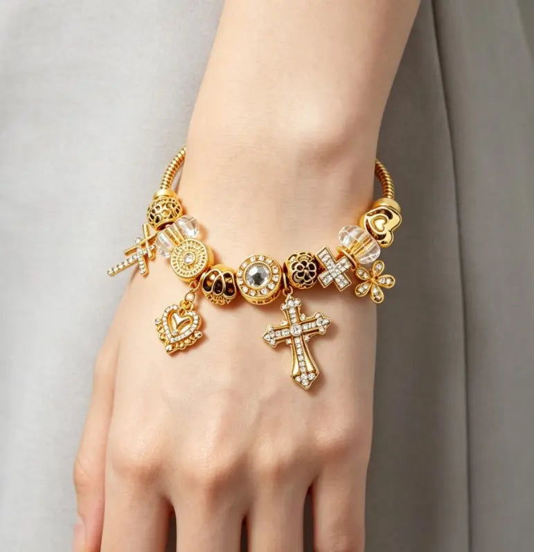 Gold Plated Adjustable Snake Chain Charm Bracelet, Cross Heart Flower Crystal Beaded Bracelet, Vintage Fashion Jewelry Gift for Women Girls