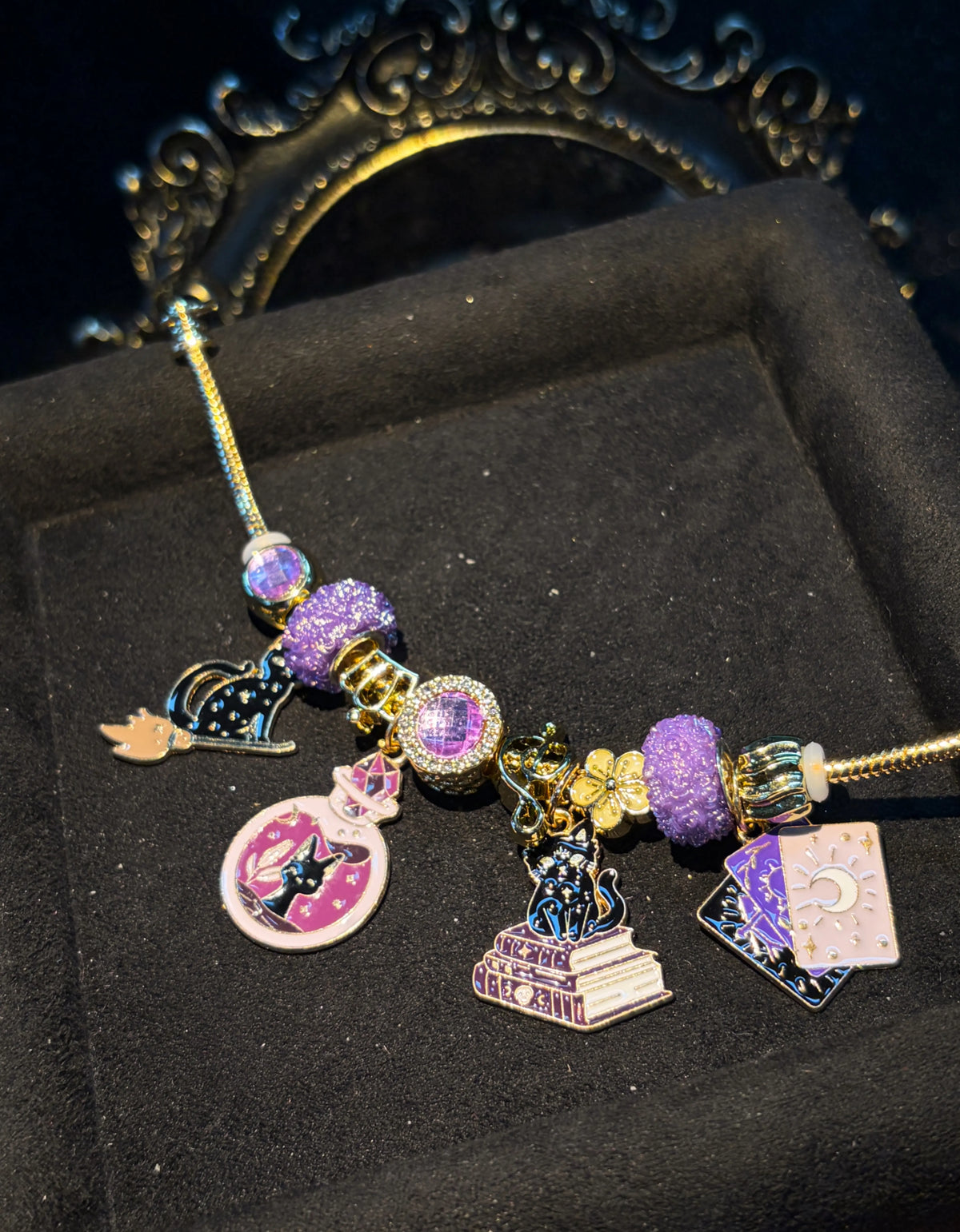 Women's Gold-Tone Snake Chain Charm Bracelet - Mystical Witch Theme with Black Cat, Tarot Card, Magic Potion Enamel Charms, Stackable Adjustable Jewelry for Halloween, Daily Wear, Gifting