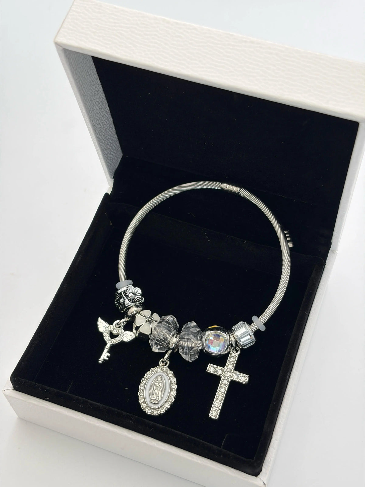 Tone Silver Snake Chain Charm Bracelet Rhinestone Cross Saint Medal Wing Key Clear Crystal Floral Bead Religious Women Jewelry Gift