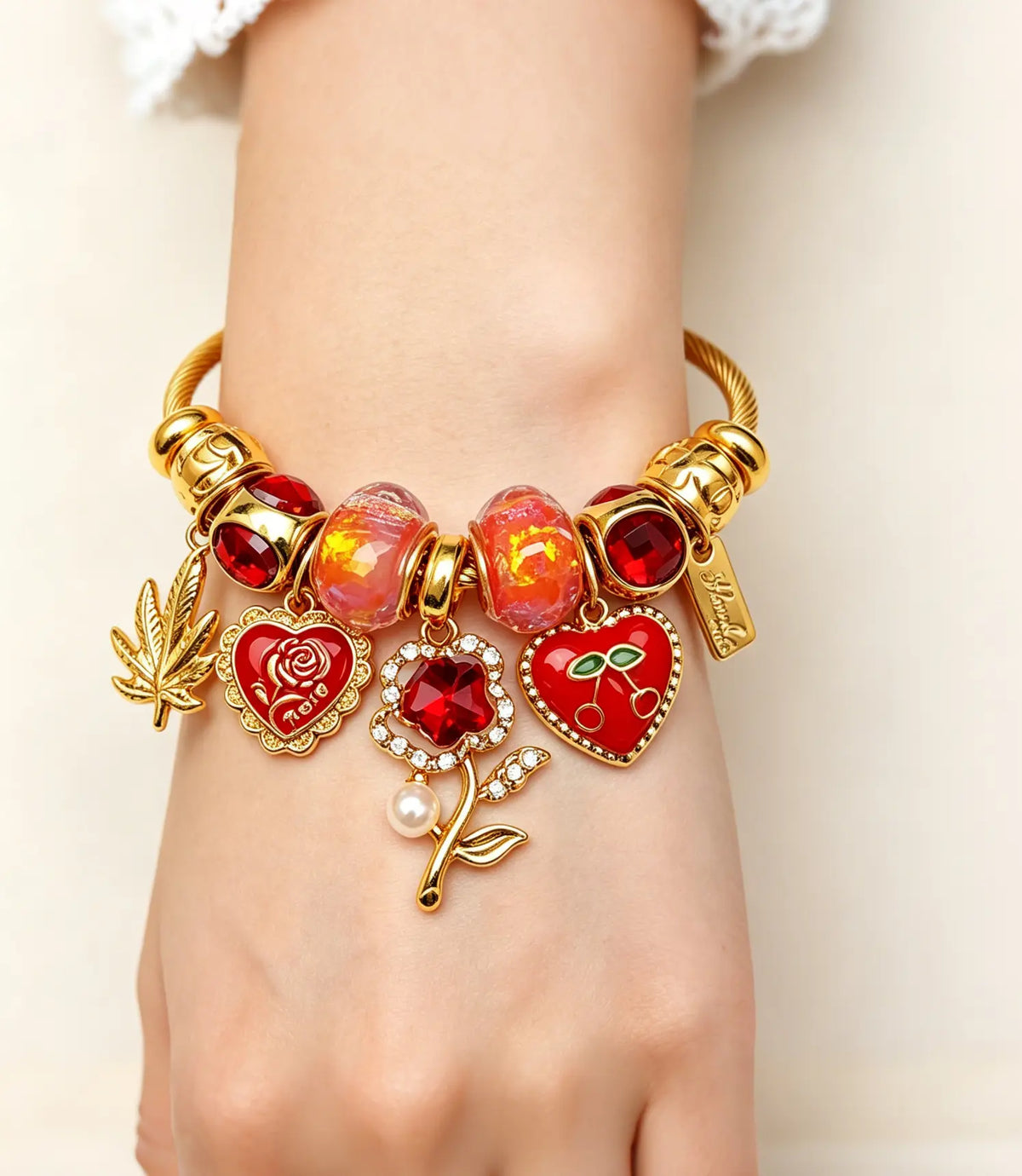 Golden Adjustable Open Cuff Charm Bangle, Cable Wire Beaded Bracelet with Enamel Heart Cherry Rose Maple Leaf Charms, Fashion Stackable Jewelry Gift for Women Girls